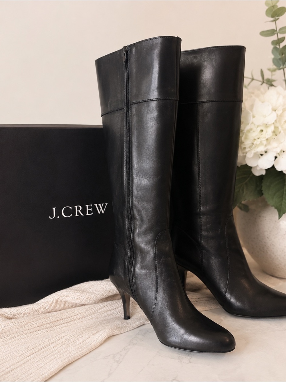 J.Crew Bryant Black Leather Knee High Heeled Boots Size 8 Italy